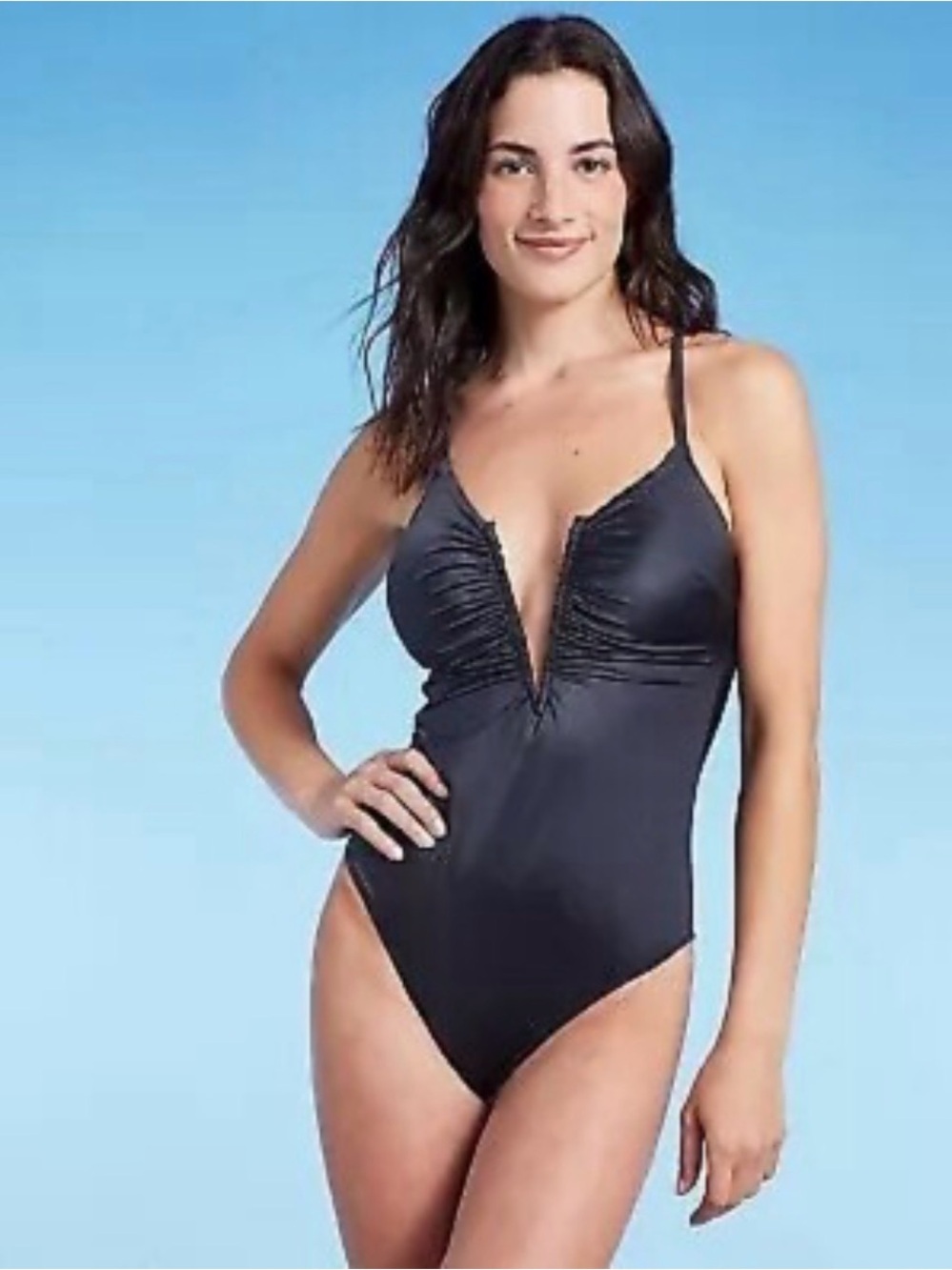 Shade & Shore Black Plunge One-Piece with Center Ruched Detail